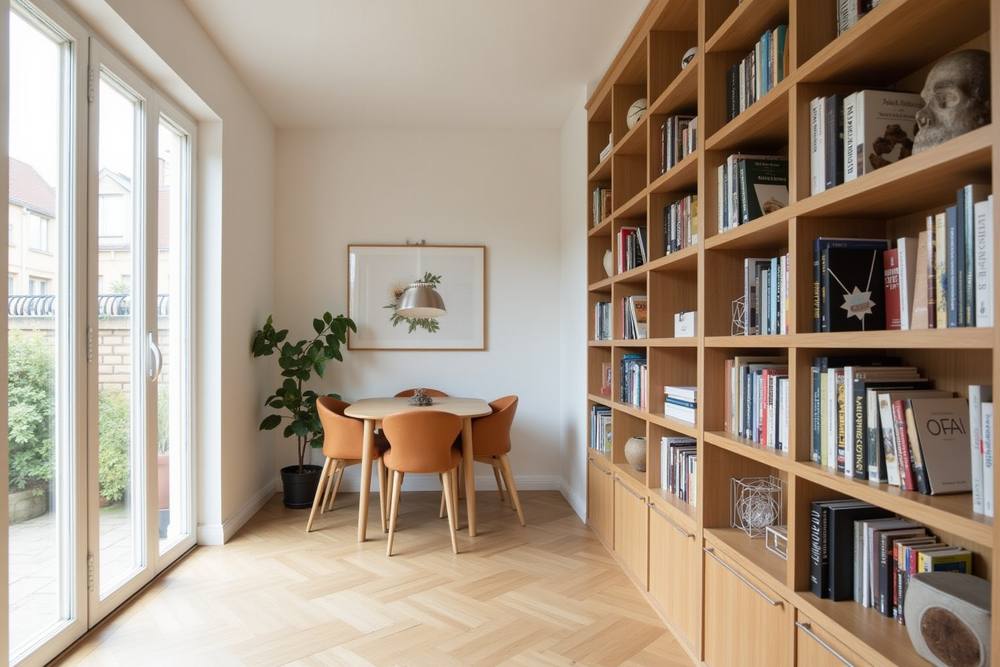 Pièce lumineuse avec bibliothèque en bois, table et chaises en bois, plante verte.
