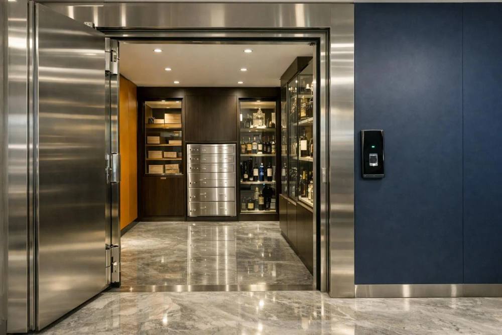 Un intérieur de coffre-fort climatisé de luxe à Genève avec des portes de sécurité en métal poli, un éclairage ambiant reflété sur des sols de marbre et un panneau d'accès biométrique sophistiqué dans un style architectural suisse moderne.