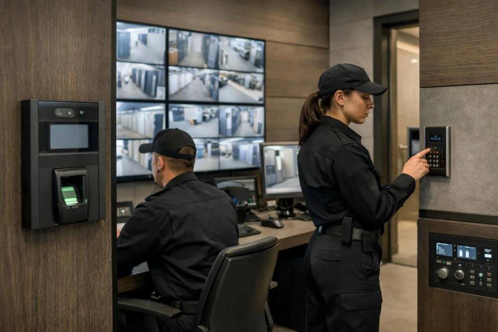 Poste de contrôle sécuritaire d'un centre de stockage de luxe moderne avec écrans de surveillance, personnel en uniforme élégant, panneaux d'accès biométriques, tableau de bord de contrôle climatique, intérieur contemporain haut de gamme.