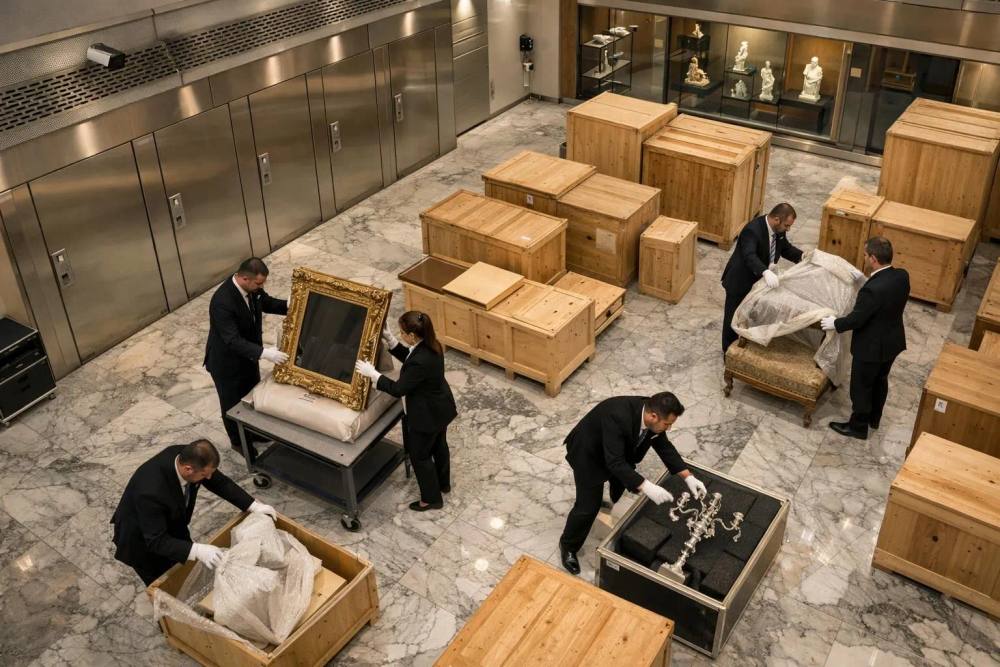 Intérieur luxueux d'un centre de stockage sécurisé à Genève avec coffres-forts climatisés, éclairage élégant, caisses en bois contenant des meubles et œuvres d'art haut de gamme, personnel en costume manipulant avec soin les objets de val