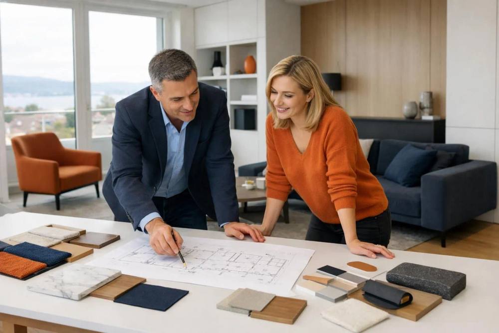 Un spécialiste de la rénovation professionnelle consulte un propriétaire dans un appartement haut de gamme à Lausanne, examinant des plans architecturaux sur une table avec des matériaux de rénovation visibles et des détails d'intérieur élégants en arrière-plan, sous la lumière naturelle des