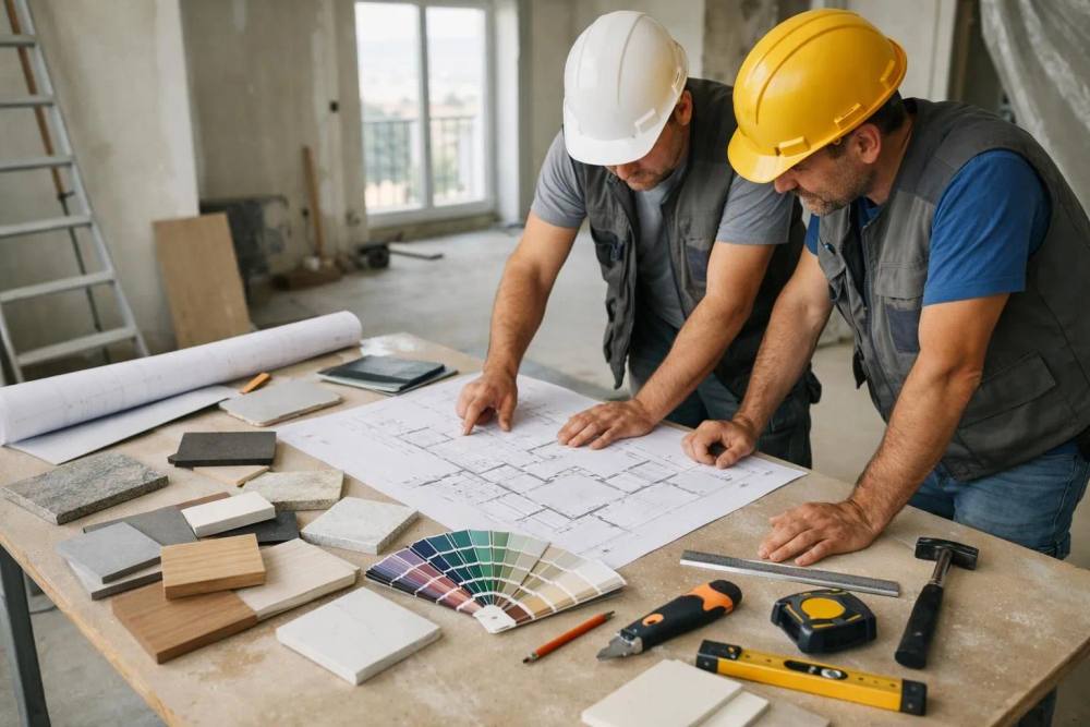 Rénovation d'un appartement moderne à Lausanne avec plans architecturaux, échantillons de matériaux, palettes de couleurs et outils de rénovation sur la table, travailleurs consultant les plans dans un intérieur lumineux en construction.