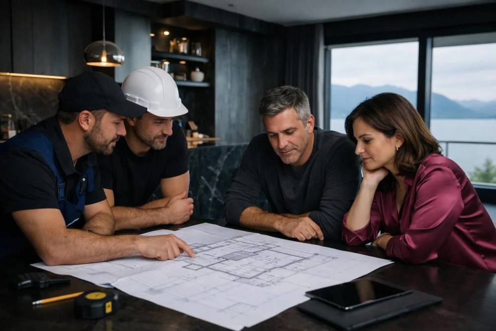 Une équipe de rénovation professionnelle consultant des propriétaires dans un appartement moderne et lumineux à Lausanne, avec plans architecturaux sur la table, vue sur le lac Léman et finitions de luxe.