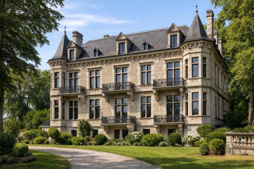 Château historique en pierre avec des balcons et des jardins paysagers.