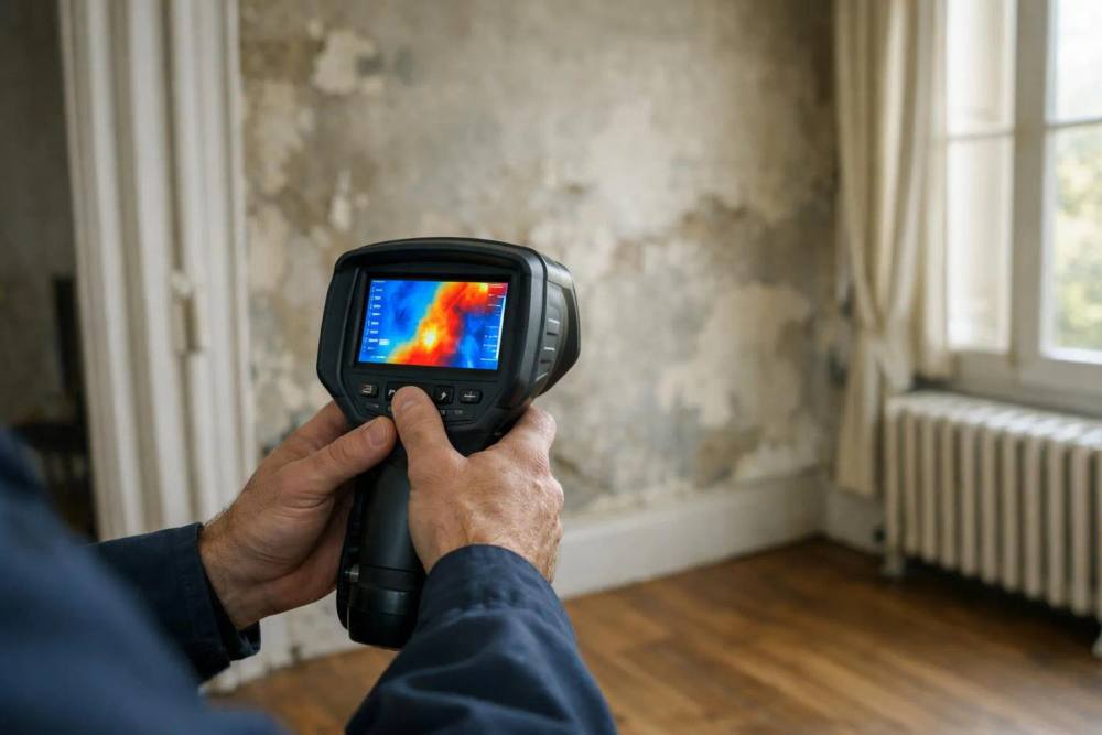 Caméra thermique tenue dans les mains pour inspecter les murs d'une pièce.