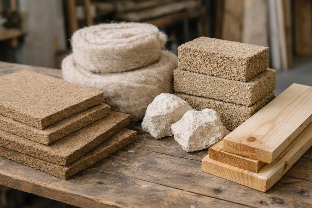 Matériaux de construction en bois et en liège sur une table en bois.