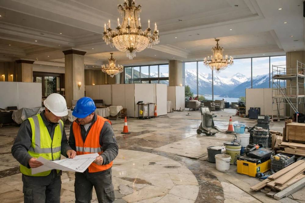 Lobby d'un hôtel de luxe moderne en rénovation en Suisse, avec lustres élégants, sols de marbre restaurés, ouvriers en tenue professionnelle consultant des plans, grandes fenêtres avec vues sur les Alpes, équipement de chantier organisé, zones opérationnelles séparées
