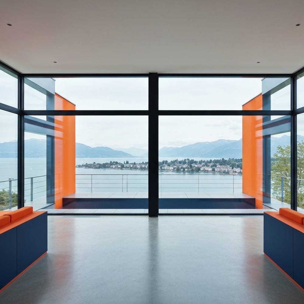 Vue d'un intérieur de villa moderne et luxueuse sur les bords du Lac Léman, avec de grandes baies vitrées et un design épuré, symbolisant le type de bien concerné.