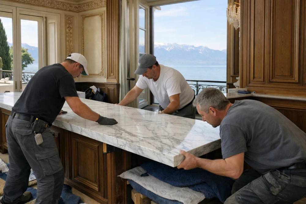 Intérieur élégant d'un hôtel de luxe suisse en cours de rénovation, avec comptoirs de marbre, moulures ornées, panneaux de bois haut de gamme, palette de couleurs sophistiquée avec accents dorés, vue sur le lac Léman.