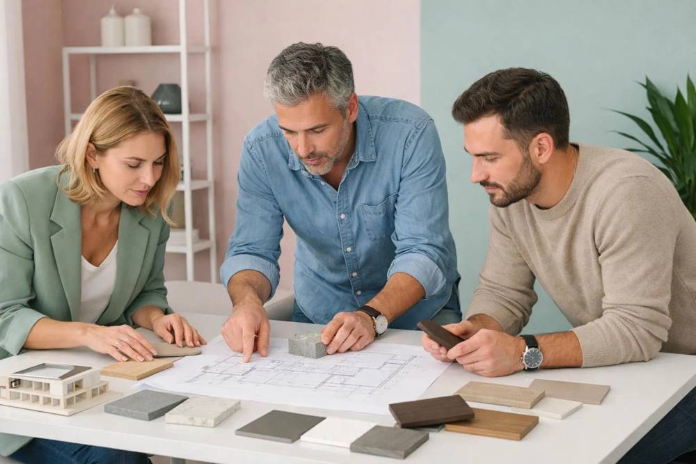 Réunion de projet de rénovation d'un hôtel de luxe avec des architectes examinant des plans détaillés et des échantillons de matériaux sur une table polie, présentant des échantillons de tissus et de pierres dans un bureau élégant avec un éclairage naturel.