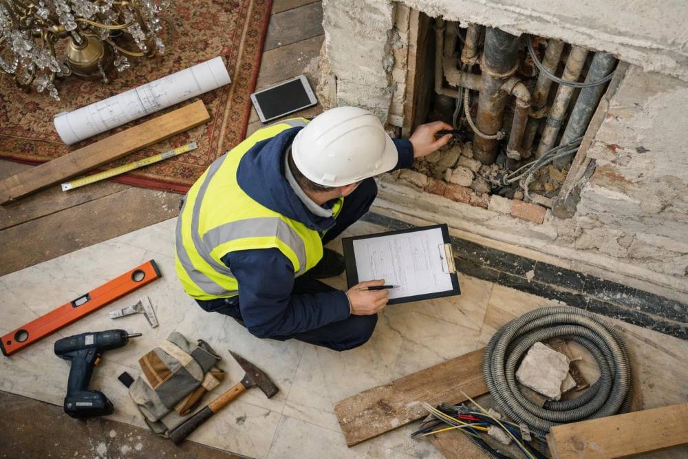 Inspection architecturale d'un chantier de rénovation d'un hôtel de luxe en Suisse, révélant des problèmes techniques cachés derrière les murs, avec un responsable du contrôle qualité examinant les éléments structurels et la documentation de conformité dans un bâtiment Belle