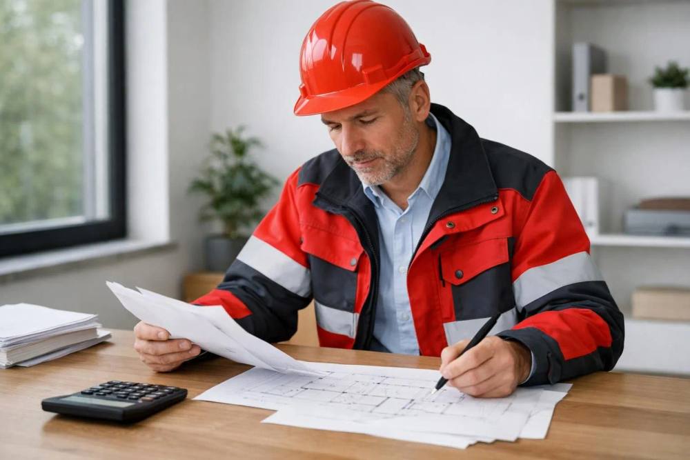 Un professionnel suisse de la construction examine des documents de contrat de rénovation et des plans d'architecture sur un bureau en bois avec une calculatrice et un stylo, dans un bureau moderne avec une fenêtre laissant entrer la lumière naturelle, dans un style de photographie d'affaires réaliste.