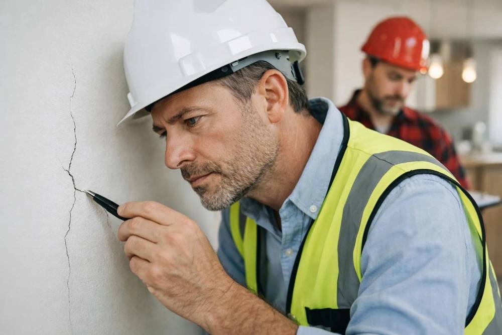 Inspecteur professionnel du bâtiment avec presse-papiers examinant une fissure murale dans un appartement rénové, entrepreneur suisse examinant la documentation des défauts, gros plan sur les dommages causés par l'humidité lors d'une réclamation de garantie, style de photographie ré