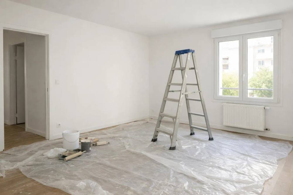 Appartement en Suisse romande en cours de rénovation standard, murs fraîchement peints en blanc, cloisons PLACO posées, échelle et bâches de protection au sol, lumière naturelle entrant par les fenêtres, ambiance propre et fonctionnelle typique d'un chantier de rafraîchissement économique