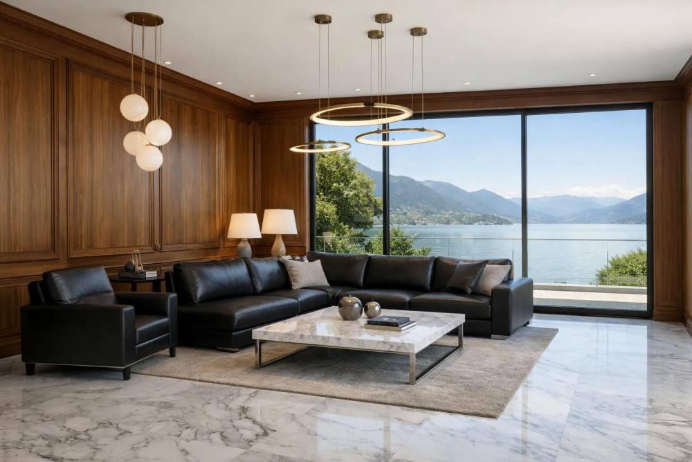 Vue grand angle d'un salon haut de gamme fraîchement rénové en Suisse romande, sol en marbre italien poli, lambris en noyer massif, luminaires design suspendus, canapé en cuir pleine fleur, baie vitrée donnant sur le lac Léman, ambiance élégante et lumineuse sans aucun texte visible