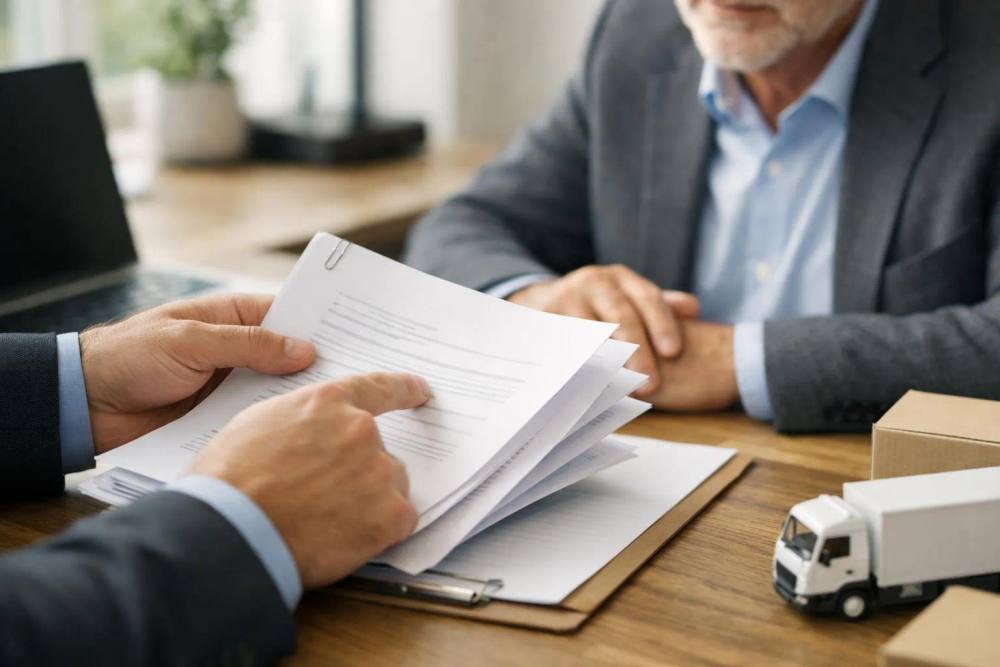 Homme d'affaires examinant des documents sur un bureau.