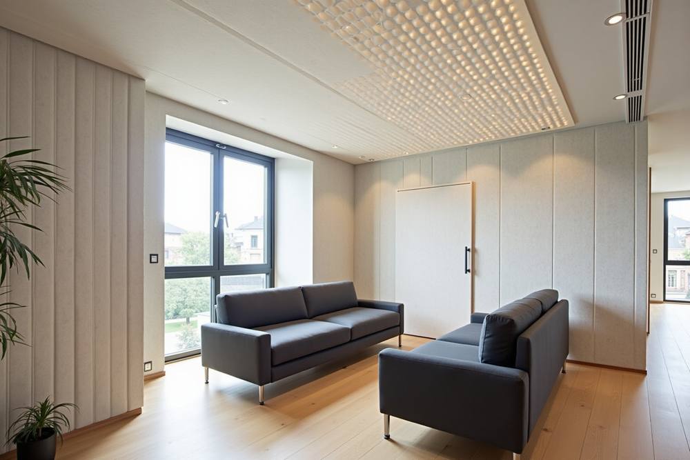 Salon moderne avec canapés en cuir, éclairage suspendu et vue sur l'extérieur.