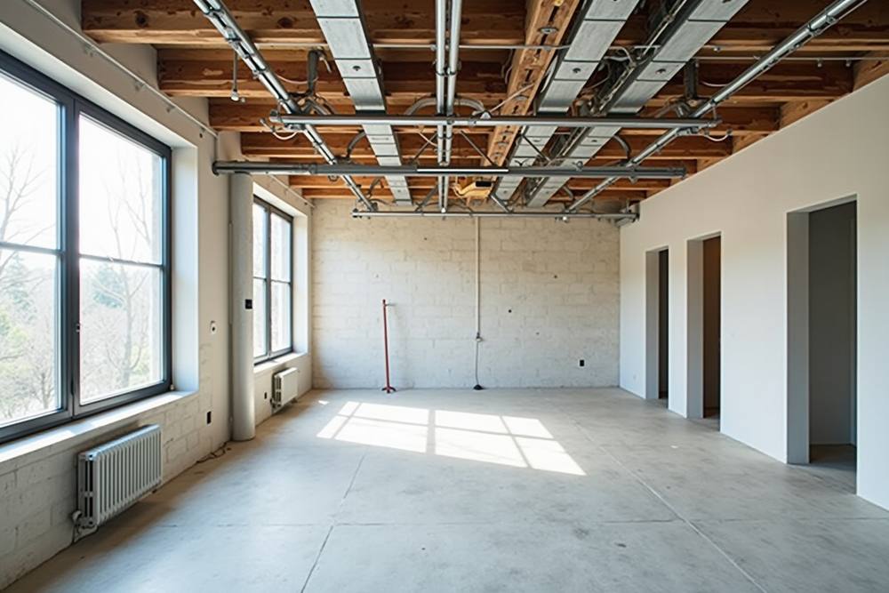 Intérieur industriel avec plafond en poutres apparentes et grandes fenêtres.
