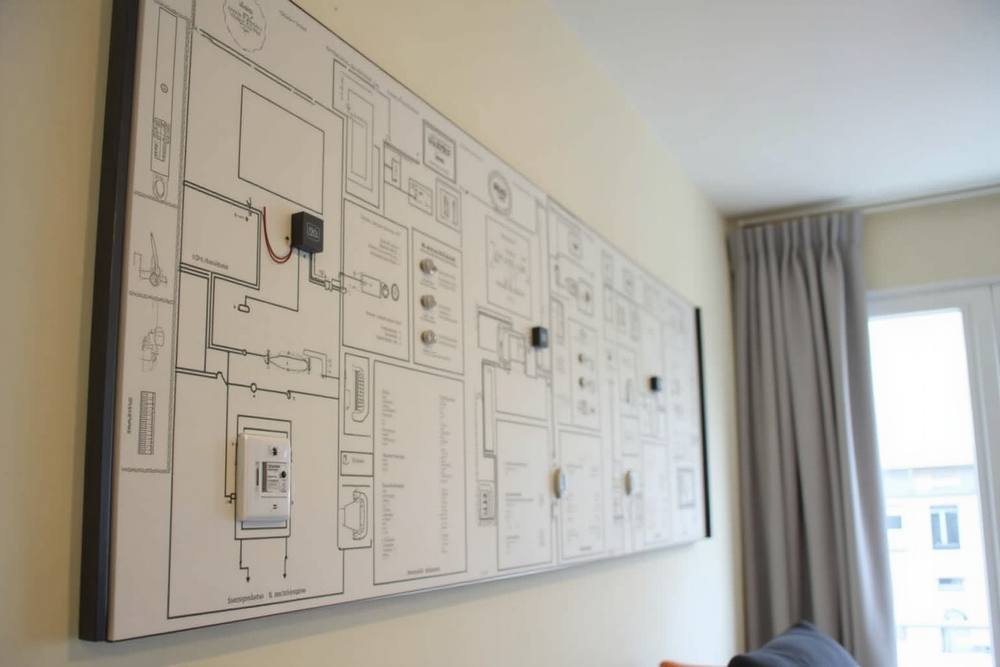 Schéma électrique détaillé sur un mur blanc.
