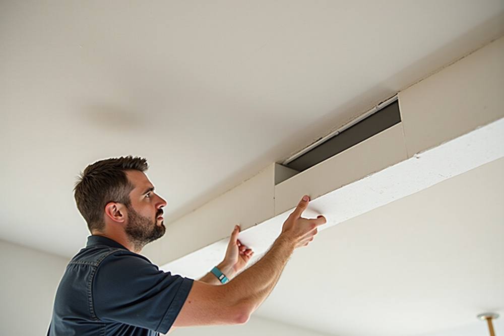 Homme installant un système de climatisation dans un plafond.