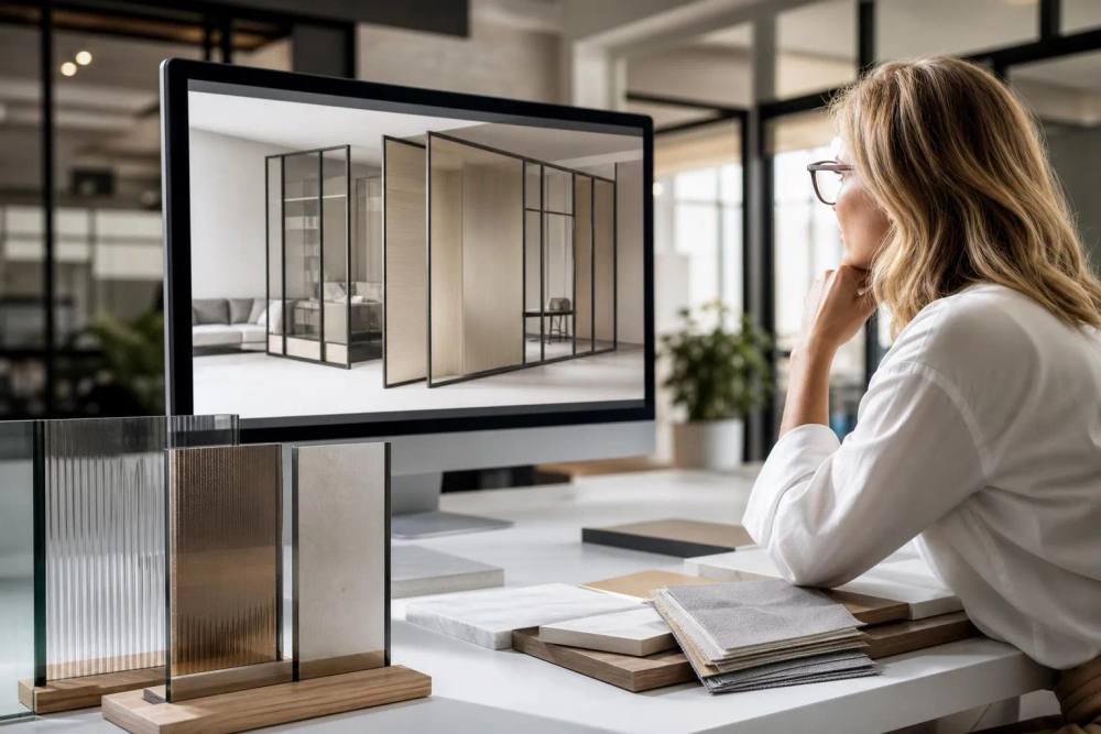 Femme examinant des plans d'architecture sur un ordinateur dans un bureau moderne.