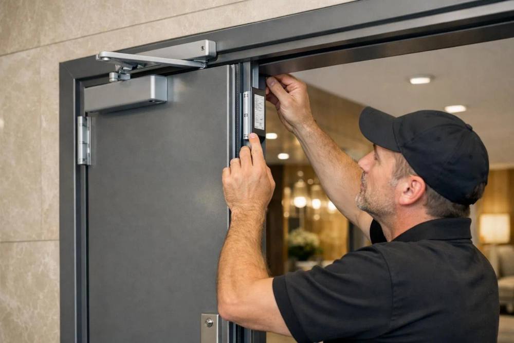 Une porte coupe-feu moderne installée avec soin dans un couloir résidentiel de luxe à Lausanne, l'installateur ajustant le cadre métallique et vérifiant l'étiquette de certification, avec des accessoires de sécurité visibles et une finition élégante s'harmonisant avec la décoration