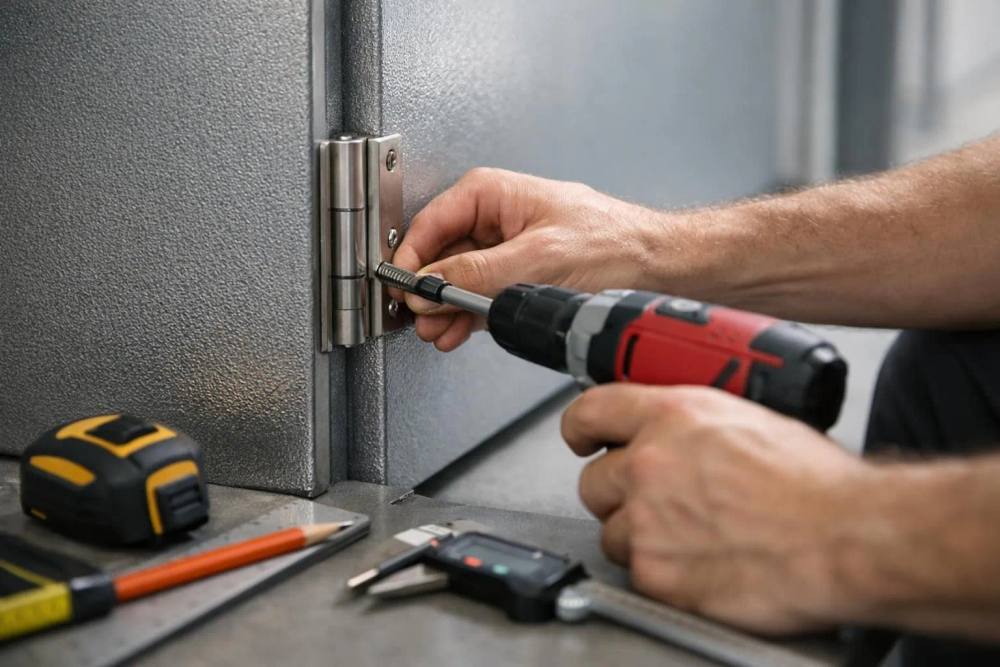 Une équipe d'installation professionnelle en équipement de sécurité montant avec précision une porte coupe-feu métallique dans l'entrée d'un bâtiment commercial moderne à Lausanne, avec des outils de mesure et d'assurance qualité visibles, la lumière naturelle mettant en val