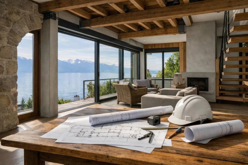 Villa élégante au bord du lac à Lausanne en rénovation intérieure complète, éléments structurels apparents, matériaux modernes et traits architecturaux traditionnels, Lac Léman visible par grandes fenêtres, plans de construction sur table en bois, lumière naturelle soulignant le processus de