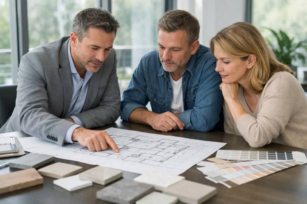 Consultant en rénovation professionnelle examinant des plans architecturaux détaillés avec les propriétaires d'une villa, échantillons de matériaux et nuanciers sur le bureau, lumière naturelle des grandes fenêtres, ambiance de réunion d'affaires.