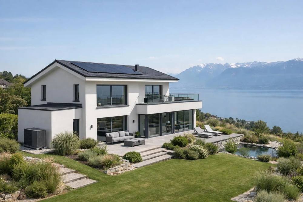 Villa de luxe dans le canton de Vaud avec panneaux solaires intégrés, pompe à chaleur moderne, triple vitrage et vue sur le lac Léman, entourée de jardins paysagers.