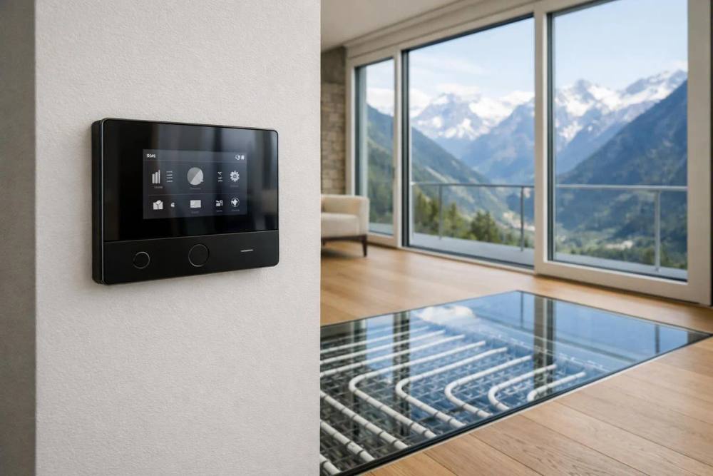 Intérieur de luxe suisse élégant avec pompe à chaleur moderne, panneau de contrôle mural épuré, chauffage au sol et fenêtres triple vitrage avec vue sur les montagnes.