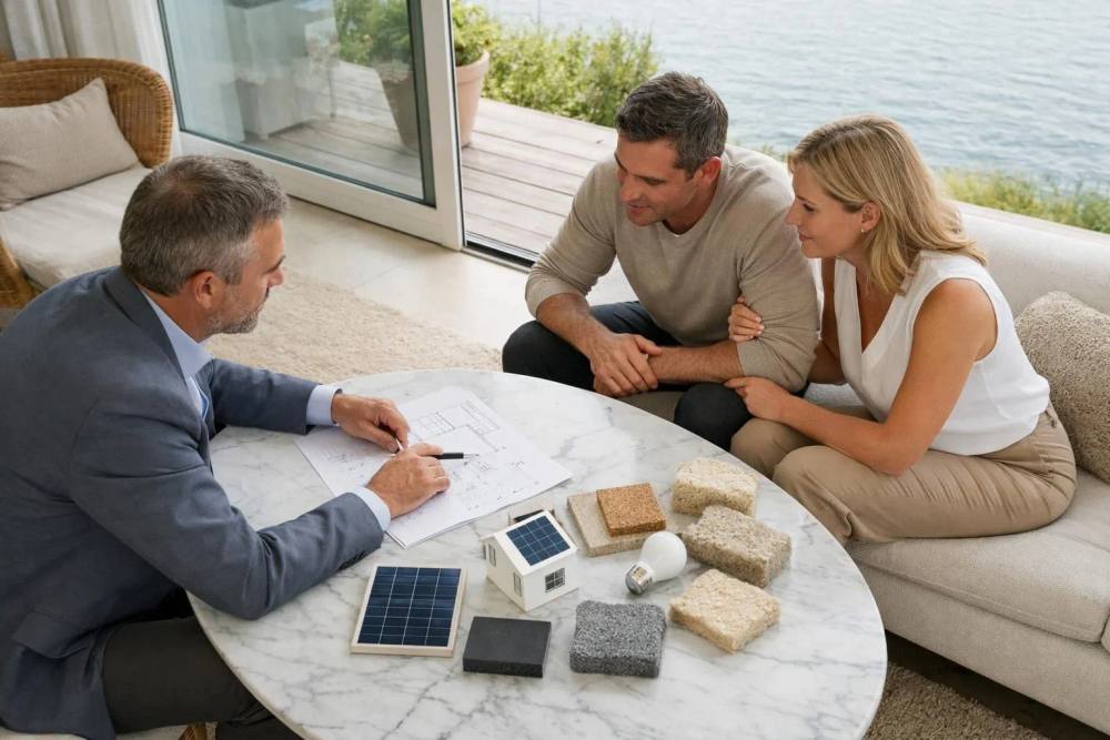 Consultant en rénovation présentant des plans détaillés d'efficacité énergétique à un couple de propriétaires aisés dans un salon de villa élégante au bord du lac de Vaud, avec fenêtres panoramiques, matériaux d'isolation et échantillons de panneaux solaires sur une table