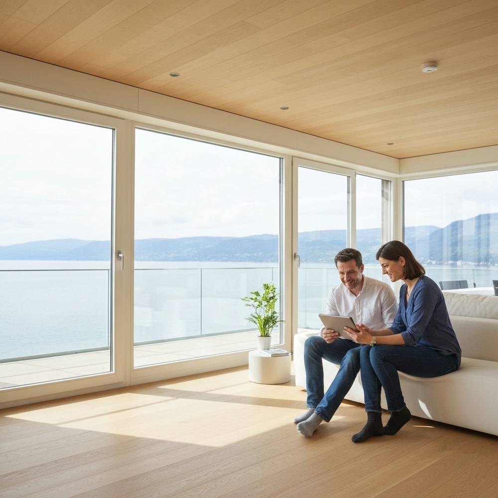 [Une image élégante générée par IA montrant un couple de 35-45 ans, bien habillé, regardant avec enthousiasme une tablette affichant le rendu 3D photoréaliste de leur futur salon, avec le lac Léman visible par la fenêtre.]