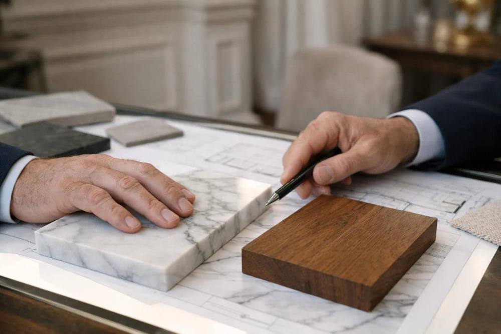 Architecte professionnel et propriétaire examinant ensemble les plans d'aménagement d'un appartement ancien suisse sur une table lumineuse, avec échantillons de matériaux nobles comme marbre et parquet massif visibles, ambiance de consultation haut de gamme dans un intérieur bourgeois avec moulures anciennes