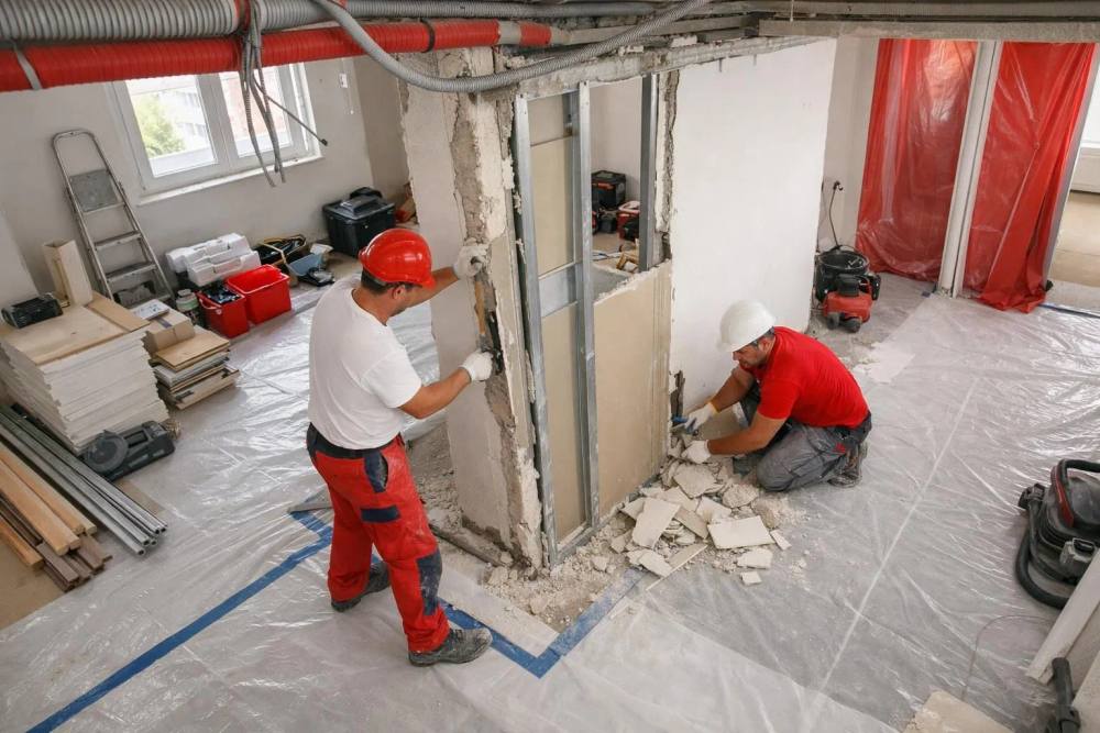 Un chantier de rénovation professionnelle dans un appartement suisse, avec des ouvriers démolissant soigneusement une cloison non porteuse, tuyaux et conduits électriques apparents, matériaux de construction bien organisés, bâche de protection sur les sols et les portes, lumière naturelle par