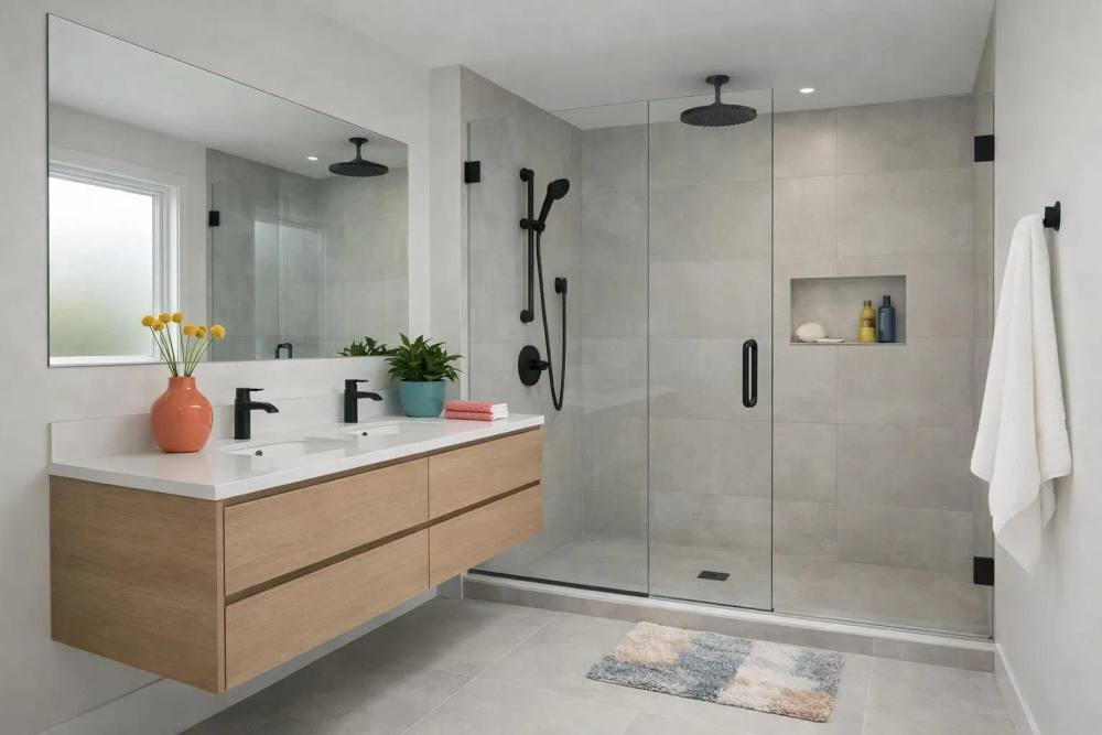 Rénovation minimaliste moderne d'une salle de bain dans un appartement à Lausanne, avec douche à l'italienne en verre, meuble-lavabo suspendu avec rangement intégré, robinetterie noire mate, grands carreaux de porcelaine aux tons neutres et lumière naturelle par une fen