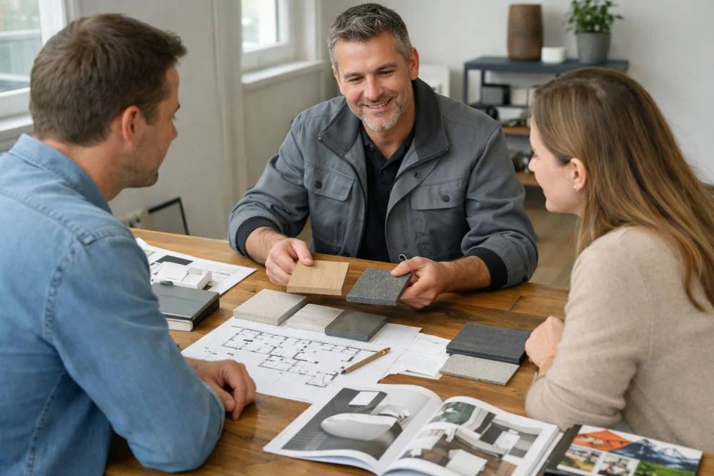 Scène de consultation pour la rénovation d'une salle de bains moderne à Lausanne. Un entrepreneur professionnel présente des échantillons de matériaux et des plans de conception à des propriétaires, avec des catalogues de sanitaires et des magazines de design suisse visibles.
