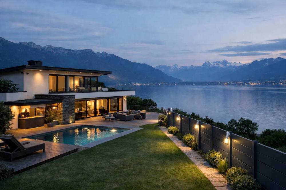 Villa de luxe au bord du lac suisse avec système de sécurité périmétrique intégré, caméras de surveillance discrètes, détecteurs de mouvement le long de la clôture moderne, panorama du lac Léman, éclairage crépusculaire mettant en valeur l'élégance architect