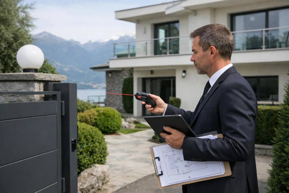 Un consultant en sécurité en costume d'affaires effectue un audit extérieur d'une propriété avec une tablette numérique et un outil de mesure laser, inspectant l'entrée et le périmètre d'une villa de luxe en Suisse, avec des plans au sol visibles.