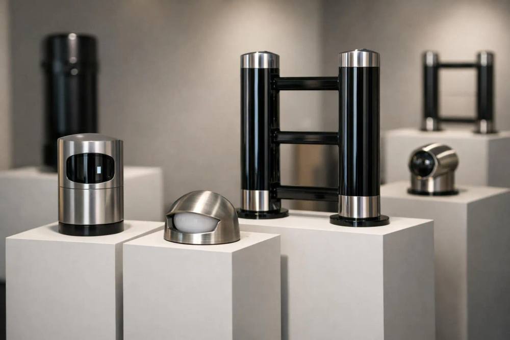 Équipement de sécurité périmétrique haute technologie moderne exposé dans un élégant showroom, capteurs de mouvement et composants de barrière infrarouge sur des piédestaux minimalistes, éclairage professionnel mettant en valeur les appareils métalliques élégants, exposition de technologies de