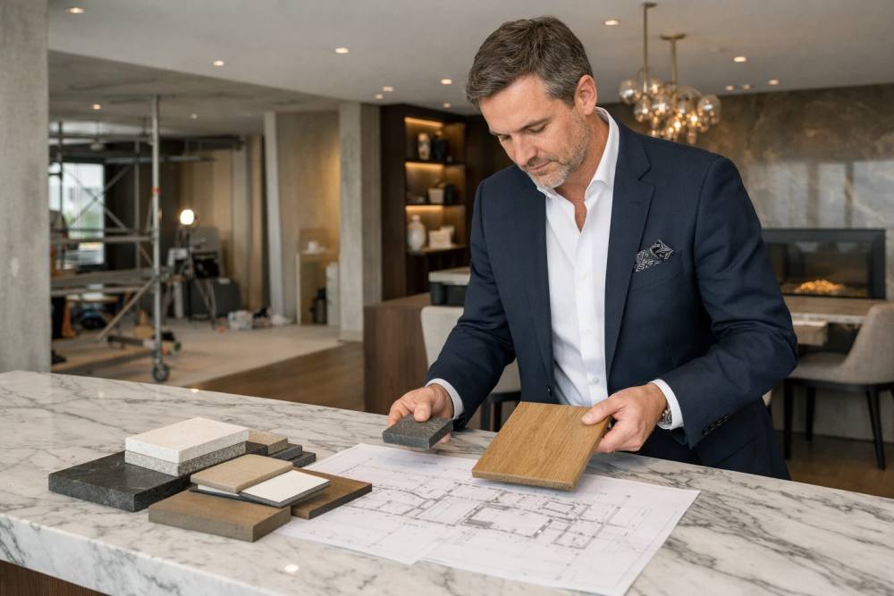 Chantier de rénovation de luxe en Suisse romande, l'architecte en costume élégant examine des échantillons de matériaux haut de gamme et des plans techniques sur un comptoir en marbre, espace de travail intérieur sophistiqué avec des finitions de haute qualité en arrière-plan.