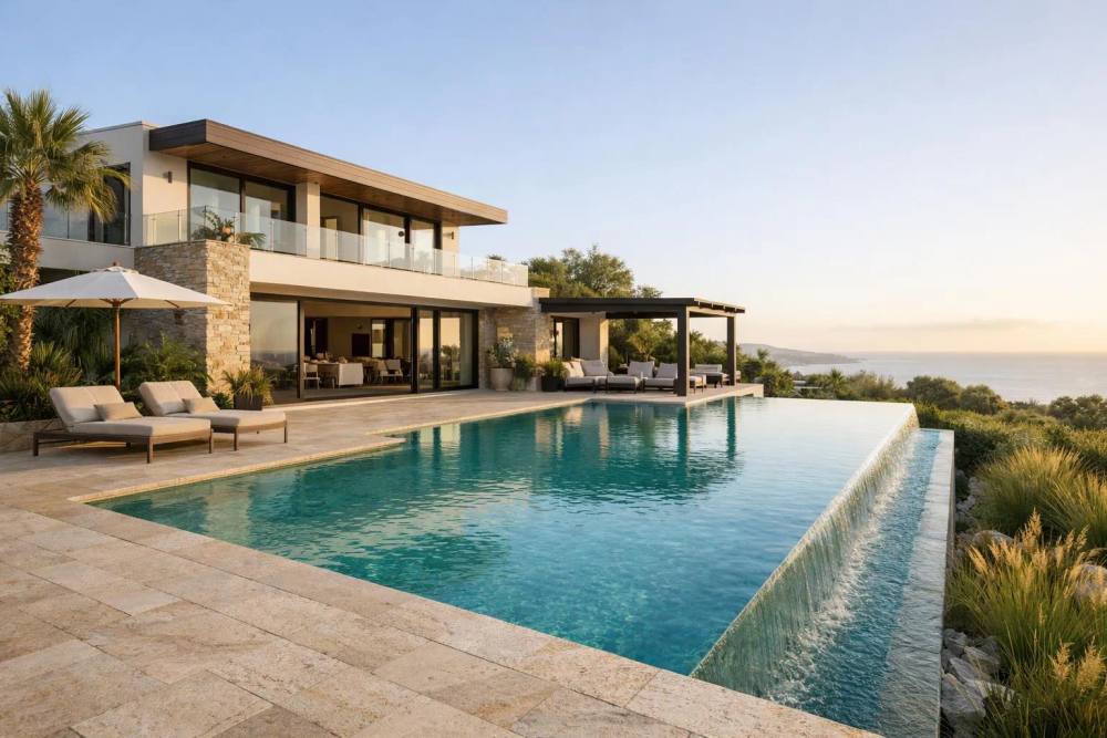 Villa de luxe avec piscine à débordement, terrasse et vue sur la mer.