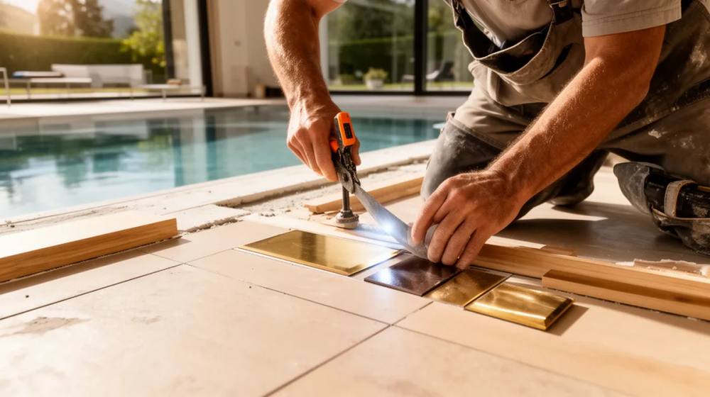 Ouvrier installant des carreaux de sol près d'une piscine.