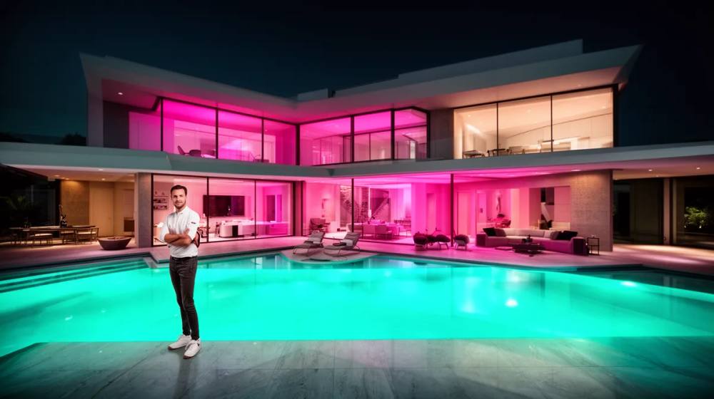 Maison de luxe moderne avec piscine et éclairage rose vif.