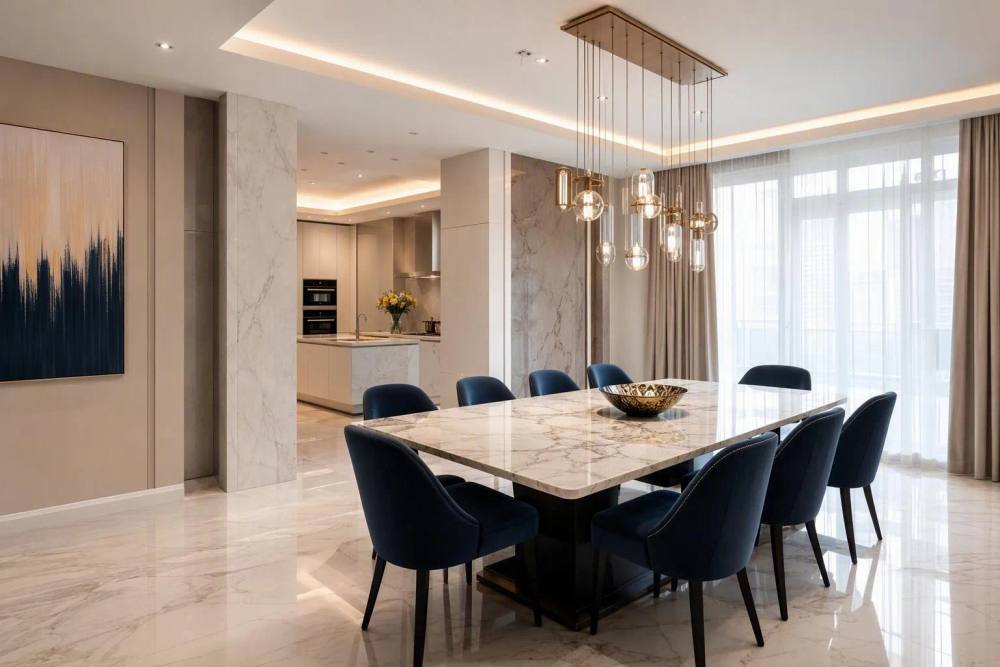 Salle à manger élégante avec table en marbre et luminaires suspendus.