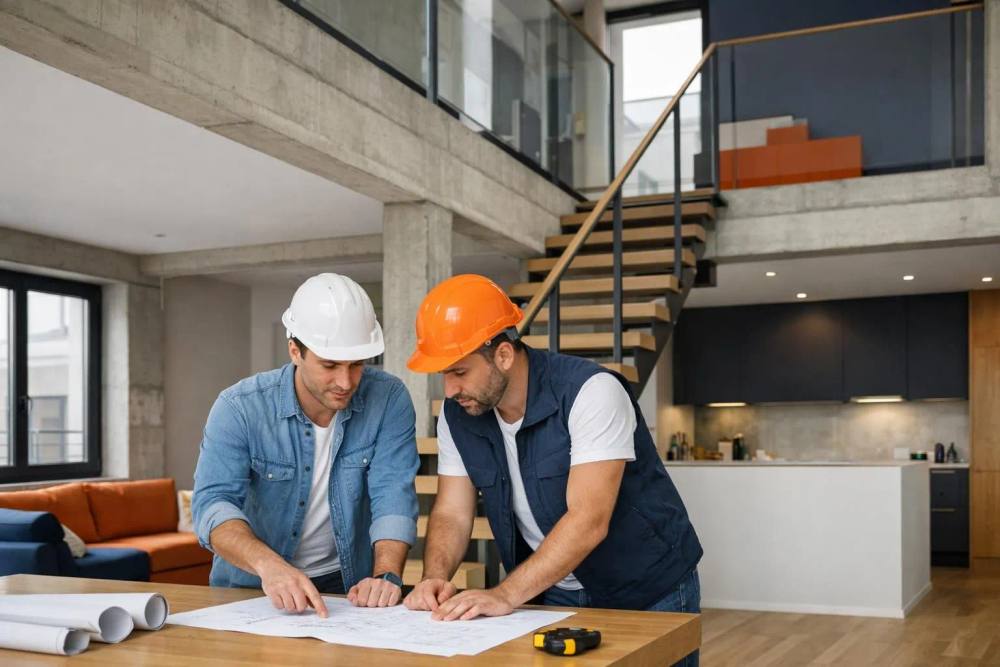 Rénovation intérieure élégante d'un duplex genevois, avec circulation verticale entre deux niveaux, travailleurs consultant des plans, éléments structurels apparents, lumière naturelle, artisanat suisse de qualité.