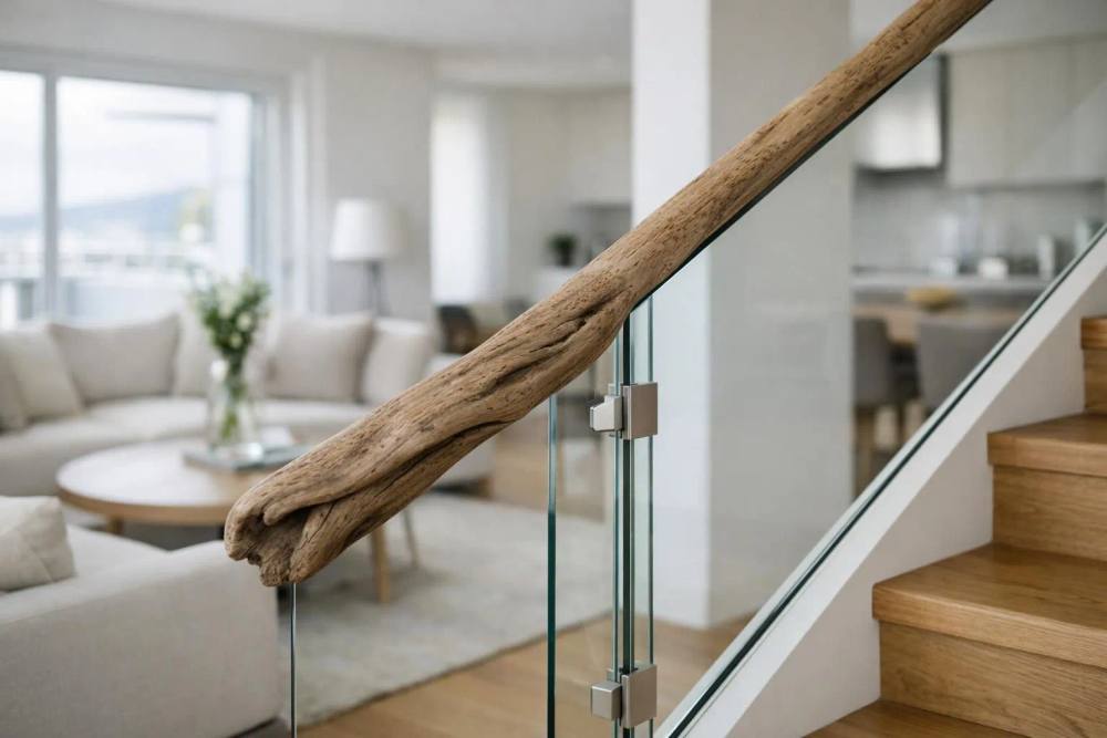 Intérieur de duplex moderne à Genève avec escalier flottant en bois, garde-corps en verre et lumière naturelle à travers de grandes fenêtres, espace de vie ouvert sur deux niveaux avec mobilier contemporain.