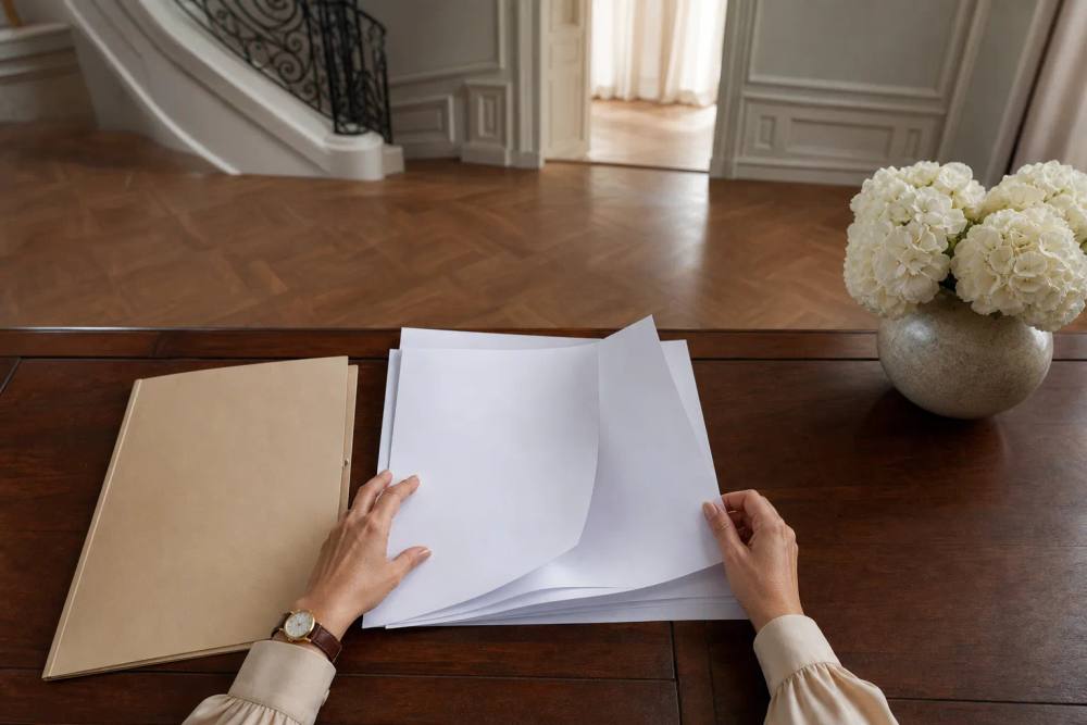 Papiers blancs sur une table en bois, vase de fleurs blanches.