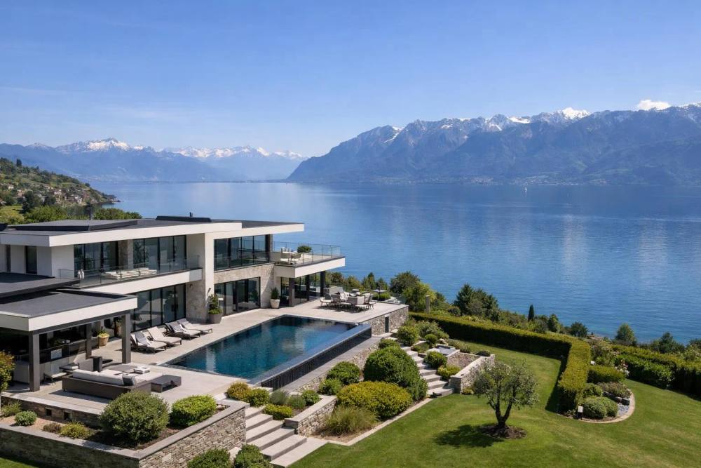 Villa de luxe avec piscine surplombant le lac Léman et les Alpes.