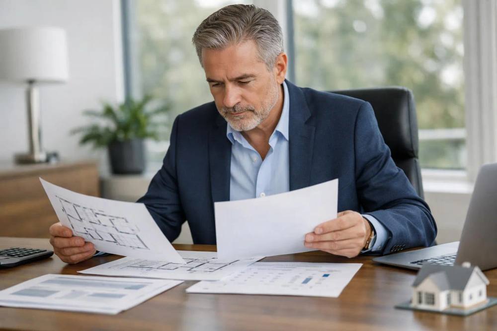 Homme d'affaires mature examinant attentivement des documents sur son bureau.
